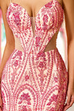 Pink Beaded Mermaid Long Prom Dress