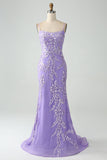 Mermaid Lilac Spaghetti Straps Long Prom Dress with Appliques