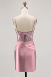 Royal Blue Sheer Corset Pleated Tight Short Prom Dress with Slit