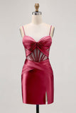 Royal Blue Sheer Corset Pleated Tight Short Prom Dress with Slit
