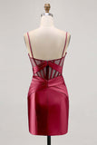 Royal Blue Sheer Corset Pleated Tight Short Prom Dress with Slit