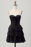 Blue Tiered Corset A Line Strapless Short Prom Dress