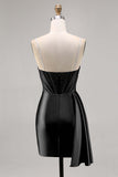 Navy Satin Beaded Corset Cocktail Dress with Sash