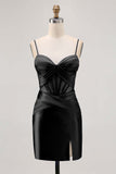 Royal Blue Sheer Corset Pleated Tight Short Prom Dress with Slit
