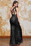 Sparkly Black One Shoulder Mermaid Sequins Choir Dress with Slit