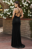 Black Mermaid Velvet Spaghetti Straps Long Holiday Dress with Slit