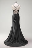 Sparkly Dark Green Mermaid Spaghetti Straps Beaded Corset Satin Long Prom Dress with Slit