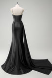 Sparkly Black Mermaid Side Streamer Sequined Corset Satin Prom Dress with Slit