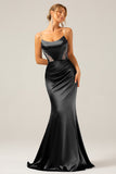 Mermaid Grey Blue Satin Spaghetti Straps Pleated Maxi Dress