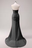 Corset Dark Green Mermaid Strapless Ruched Corset Long Prom Dress with Slit