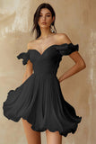 A Line Ruffled Off the Shoulder Pleated White Graduation Dress