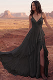 Ivory Spaghetti Straps A-Line Floor Length Ruffled Boho Wedding Dress with Slit