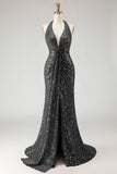 Sparkly Burgundy Halter Mermaid Sequins Long Prom Dress with Slit