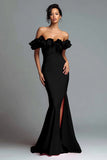 Black and Red Mermaid Ruffled Off the Shoulder Long Formal Dress with Slit