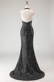 Sparkly Burgundy Halter Mermaid Sequins Long Prom Dress with Slit
