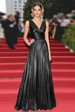 Sparkly Golden Metallic V-Neck A Line Pleated Gala Dress