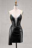 Navy Satin Beaded Corset Cocktail Dress with Sash