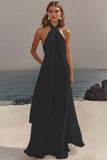 White Sheath Halter Chiffon Long Graduation Dress