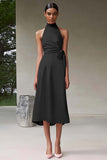 Pink A Line Halter Tea Length Satin Formal Dress