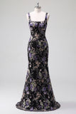 Pink Square Neck Mermaid Floral Long Prom Dress with Beading