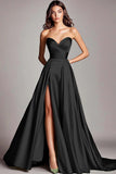 Dusty Sage Strapless A Line Ruched Satin Long Prom Dress with Slit