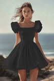 A Line White Puff Sleeves Ruched Short Graduation Dress
