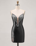 Fuchsia Strapless Beaded Bodycon Short Prom Dress with Slit