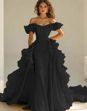 Yellow Off The Shoulder Mermaid Ruffles Satin Prom Dress