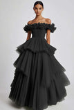 Dusty Sage Off The Shoulder A Line Ruffles Prom Dress