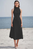 Simple Ivory High Neck Satin Midi Engagement Dress