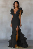 Yellow Mermaid V-Neck Tiered Long Formal Dress with Ruffled Slit
