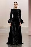 Dark Green A-Line Round Neck Long Sleeves Velvet Military Ball Dresses