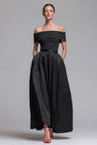 Off the Shoulder Fuchsia and Red A Line Color Block Midi Formal Dress