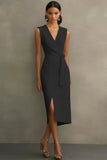 White Satin V-Neck Formal Dress with Belt