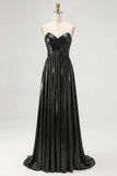 Sparkly Golden A Line Sweetheart Metallic Satin Pleated Long Prom Dress