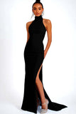 Sky Blue Halter Satin Mermaid Formal Dress with Slit