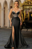 Dusty Blue Mermaid Beaded Corset Sequins Long Prom Dress with Slit