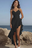 White Spaghetti Straples Ruched Ruffled Graduation Dress with Slit