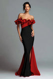Black and Red Mermaid Ruffled Off the Shoulder Long Formal Dress with Slit