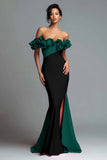 Black and Red Mermaid Ruffled Off the Shoulder Long Formal Dress with Slit