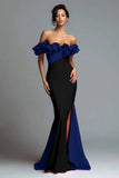 Black and Red Mermaid Ruffled Off the Shoulder Long Formal Dress with Slit