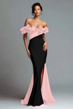 Black and Red Mermaid Ruffled Off the Shoulder Long Formal Dress with Slit