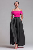 Off the Shoulder Fuchsia and Red A Line Color Block Midi Formal Dress