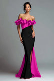 Black and Red Mermaid Ruffled Off the Shoulder Long Formal Dress with Slit