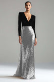 Sparkly Gold and Black V-Neck Sheath Long Formal Dress with Sleeve