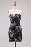 Pink Bodycon Strapless Floral Sequins Short Cocktail Dress