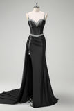 Sparkly Black Mermaid Side Streamer Sequined Corset Satin Prom Dress with Slit