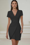 Ivory V-Neck Pleated Work Dress with Short Sleeves