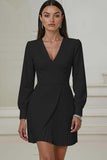 Ivory V-Neck Pleated Work Dress with Long Sleeves