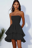 Sky Blue A Line Strapless Chiffon Mini Graduation Dress with Ruffles